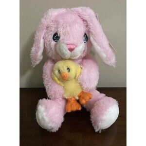 2006 Precious Moments Pink Fluffy Bunny Rabbit Plush holding Chick Duck with Tag